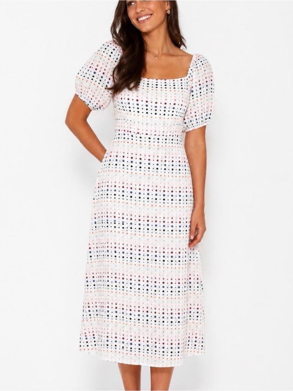 LOFT White Midi Dress with Multicolor Dots Sz 2